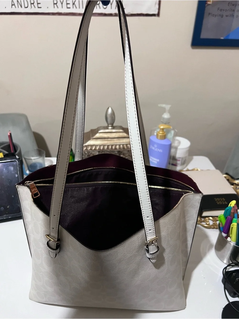 Coach White Signature Tote with Gold Accents